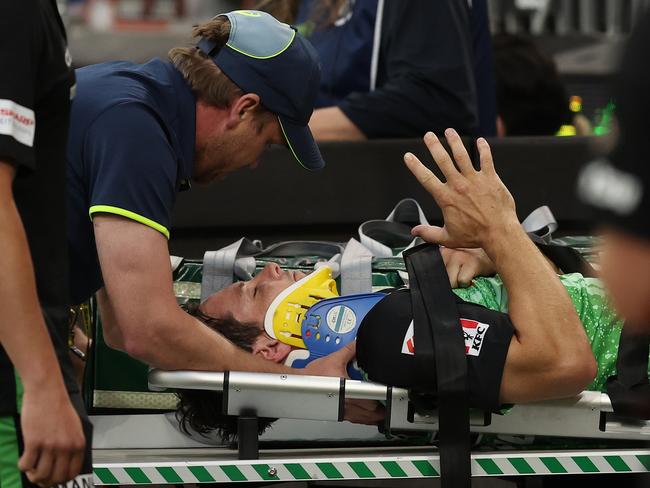 PERTH, AUSTRALIA - DECEMBER 15: Hilton Cartwright of the Stars is taken from the field on the medical buggy after injuring his neck while fielding during the BBL match between Perth Scorchers and Melbourne Stars at Optus Stadium, on December 15, 2024, in Perth, Australia. (Photo by Paul Kane/Getty Images) *** BESTPIX ***