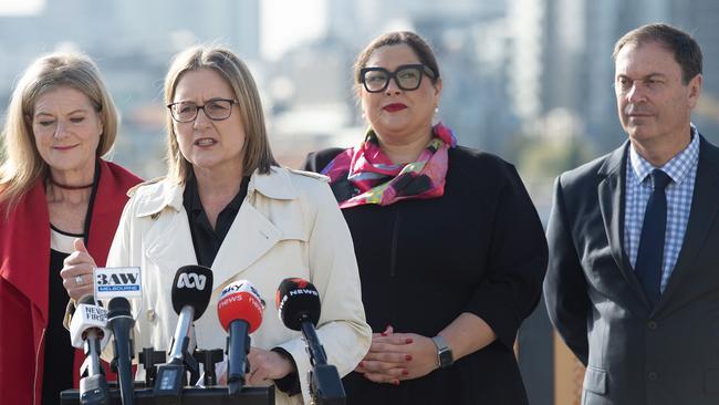 Victorian Premier Jacinta Allan on Monday, alongside Planning Minister Sonya Kilkenny, upper house MP Sheena Watt, and Development Victoria Minister Colin Brooks. Picture: NCA Newswire / Nicki Connolly