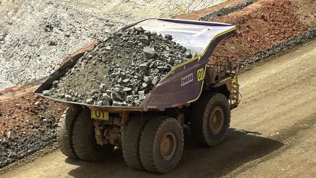 A mining truck at the Covalent lithium mine in Western Australia, owned by Wesfarmers. Picture: Cameron England