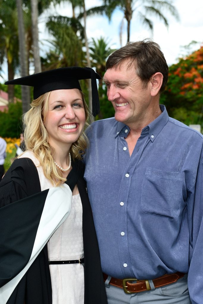 University of Queensland Gatton campus graduation ceremony for Vet Science students. Vet Science valedictorian Sasha Laws-King with her father Paul King. Photo: David Nielsen / The Queensland Times. Picture: David Nielsen