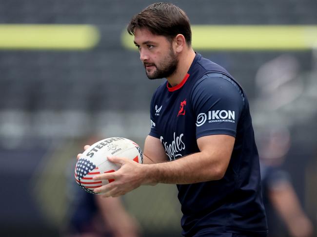 LAS VEGAS, NEVADA - MARCH 01: Brandon Smith of the Sydney Roosters holds the ball during a Sydney Roosters NRL Captain's Run at Allegiant Stadium, on March 01, 2024, in Las Vegas, Nevada. (Photo by Ezra Shaw/Getty Images)