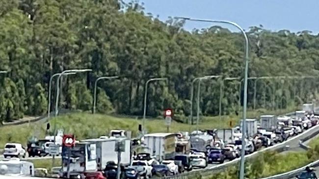 Car crash in the middle of Bruce Highway, southbound just south of Roys Rd overpass. Picture: Contributed