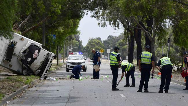 Police and emergency services at the scene of the crash which killed delivery driver Jatinder Brar on January 4, 2020. Picture: Bianca De Marchi