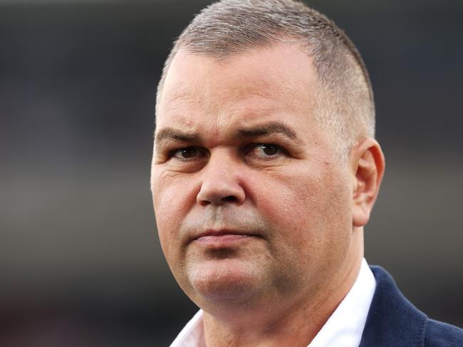 SYDNEY, AUSTRALIA - APRIL 23: Sea Eagles coach Anthony Seibold looks on as he is is interviewed pre-game during the round eight NRL match between Wests Tigers and Manly Sea Eagles at Campbelltown Stadium on April 23, 2023 in Sydney, Australia. (Photo by Mark Kolbe/Getty Images)