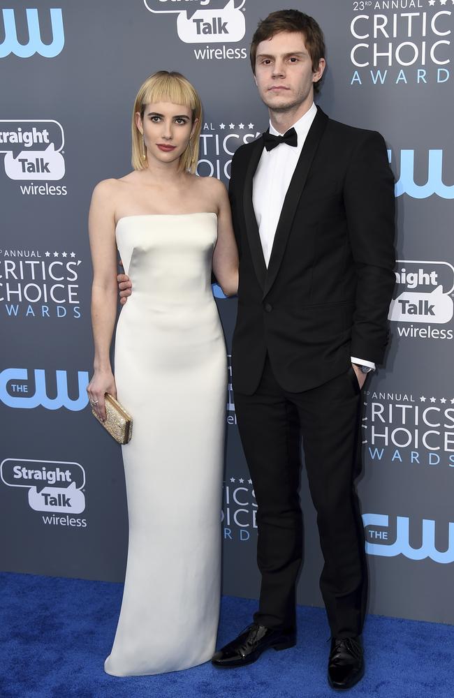 Emma Roberts and Evan Peters attend The 23rd Annual Critics’ Choice Awards at Barker Hangar on January 11, 2018 in Santa Monica, California. Picture: AP