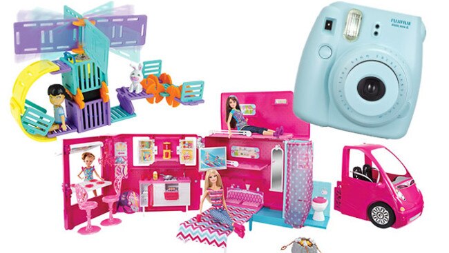 Roominate Helicopter, Barbie Glam Camper and Fujifilm Instax camera.