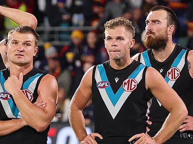 ADELAIDE, AUSTRALIA - MAY 02: Port Players after the loss during the 2024 AFL Round 08 match between the Adelaide Crows and the Port Adelaide Power at Adelaide Oval on May 02, 2024 in Adelaide, Australia. (Photo by Sarah Reed/AFL Photos via Getty Images)