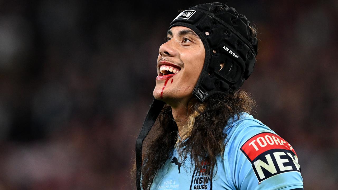 BRISBANE, AUSTRALIA - JUNE 21: Jarome Luai of the Blues reacts after been sent off for head butting Reece Walsh of the Maroons during game two of the State of Origin series between the Queensland Maroons and the New South Wales Blues at Suncorp Stadium on June 21, 2023 in Brisbane, Australia. (Photo by Bradley Kanaris/Getty Images)