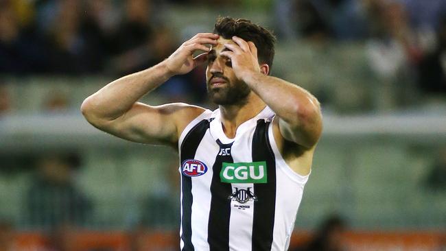 Collingwood forward Alex Fasolo can’t believe he missed this shot at goal. Picture: George Salpigtidis