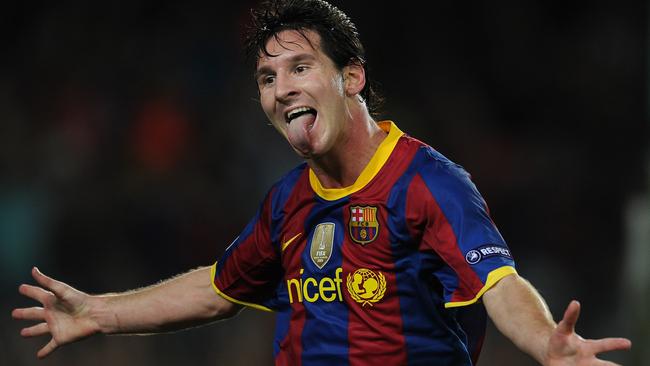 Lionel Messi celebrates scoring against Panathinaikos in 2010. Picture: Jasper Juinen/Getty