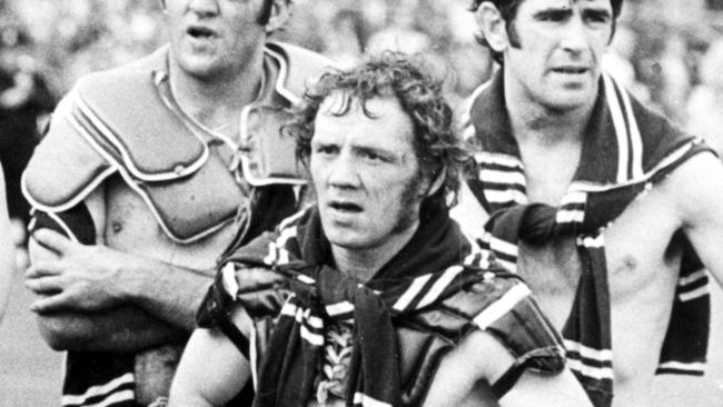 Disappointed players including Cliff Watson (L) and Tommy Bishop (front) after Manly-Warringah defeated Cronulla-Sutherland in 1973 first grade Grand Final at SCG in Sydney, 15/09/73. Picture: News Ltd Archive (copyright)