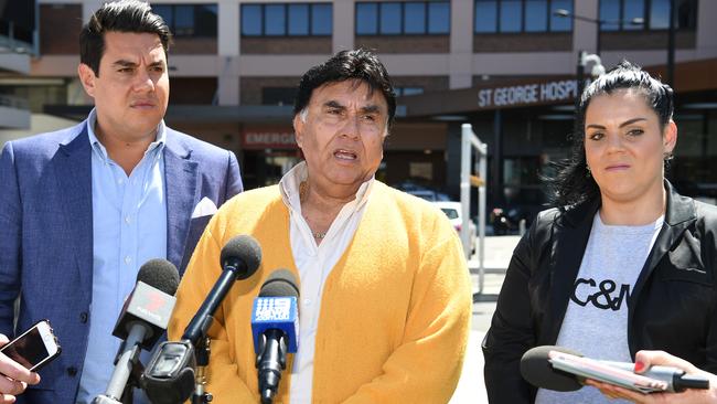 Trent, Bert and Cassandra Vieira speak to the media outside St. George Public Hospital today. Picture: AAP Image/Brendan Esposito