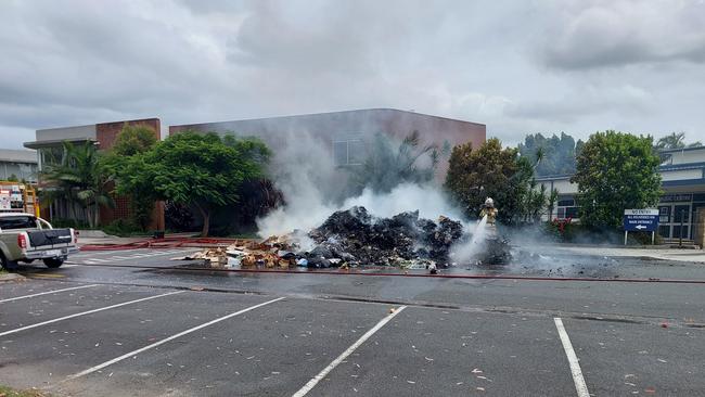 A rubbish truck was forced to dump its load after the wast burst into flames outside Aquinas College on Sunday, February 2: Picture: Dean McNicol