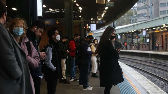 Commuters wait at Strathfield train station in Sydney on Wednesday morning as industrial action once again affects the trains. Picture: NCA NewsWire / Gaye Gerard