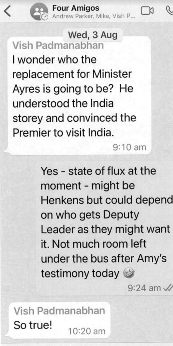 The four trade commissioners discussing the resignation of Stuart Ayres after the Barilaro saga in a WhatsApp group called ‘4 Amigos’.