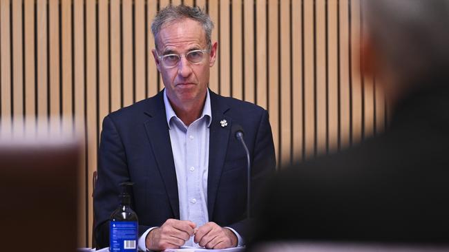 Senator Nick McKim questions Woolworths CEO, Bradford Banducci at the Senate Select Committee on Supermarket Prices at Parliament House in Canberra. Picture: Martin Ollman/NCA NewsWire