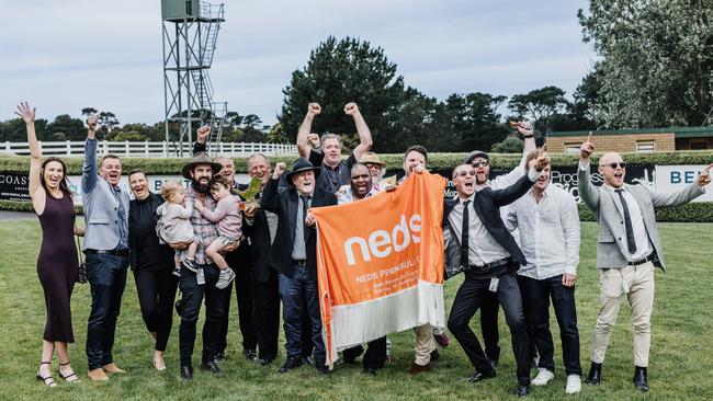 Keats owners celebrate the racehorse's win at the Peninsula Cup.