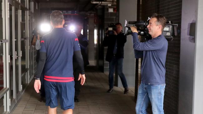 Former Adelaide United coach Marco Kurz leaves his last press conference as Reds boss earlier this year. Picture: Tait Schmaal