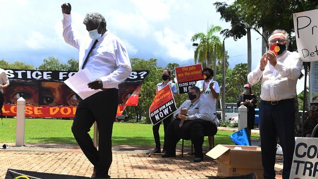 Yingiya Mark Guyular speaks at Close Don Dale protest. Picture: (A) manda Parkinson