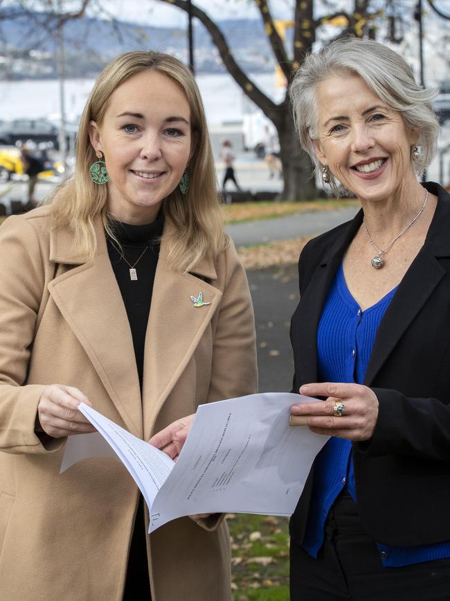 Greens member for Lyons Tabatha Badger and Greens leader Rosalie Woodruff at Parliament lawns, Hobart. Picture: Chris Kidd