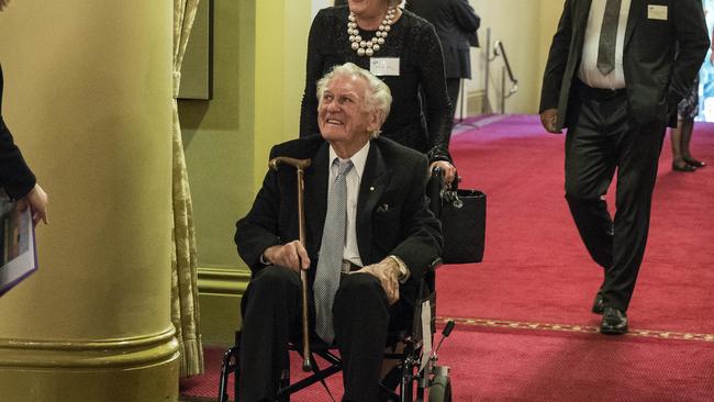 Former Prime Minister of Australia Bob Hawke arrives to watch the Hon. Kim Beasley AC, be sworn into office as the new Governor of Western Australia at Government House in Perth, Tuesday, May 1, 2018. Picture: AAP