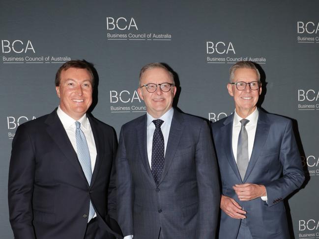 SYDNEY, AUSTRALIA - NewsWire Photos - SEPTEMBER 17, 2024: BCA Chief Executive Bran Black, Prime Minister Anthony Albanese and BCA President Geoff Culbert arrive at the Business Council of AustraliaÃs 2024 Annual Dinner in Sydney.Picture: NewsWire / Christian Gilles