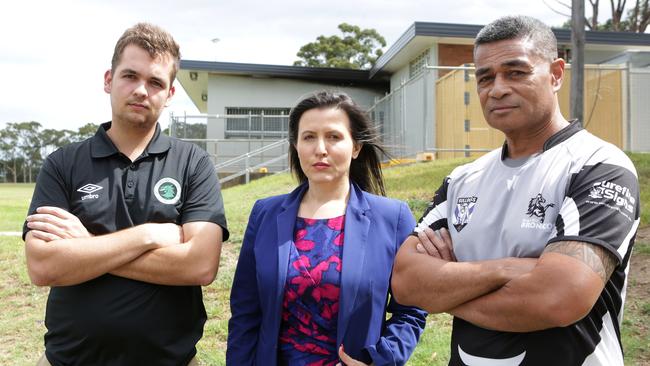 Bankstown Dragons Football Club president Andrew Powell, Banktown state Labor MP Tania Mihailuk and Bass Hill Broncos president Matavai Kiavaha outside the Middleton Park clubhouse. Picture: Tim Clapin