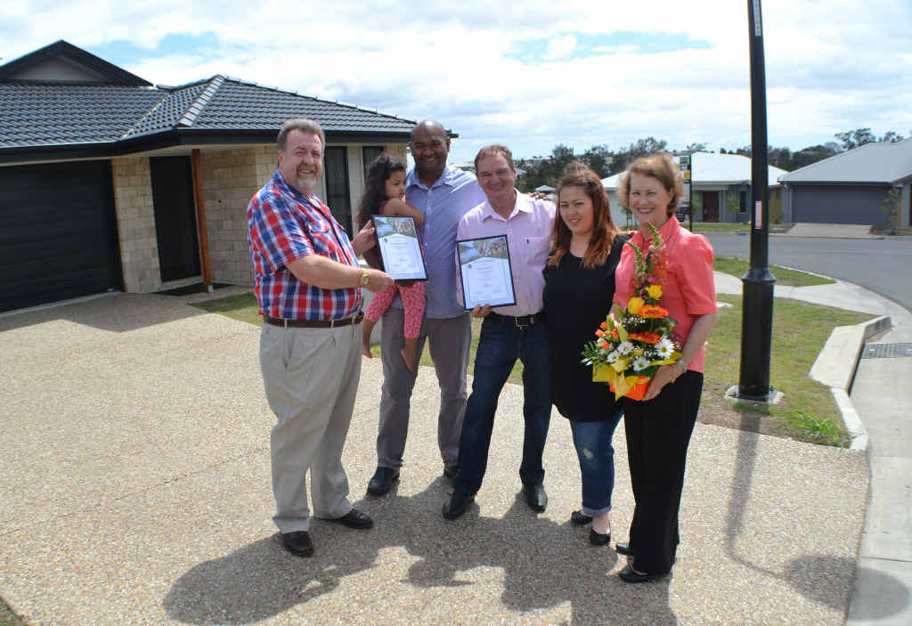 ALL SMILES: At the award ceremony are (from left) Councillor Paul Tully, Addison and Nirvan Soogrim with Mayor Paul Pisasale, Shae Freeth and Councillor Sheila Ireland. Picture: PETER CHAPMAN