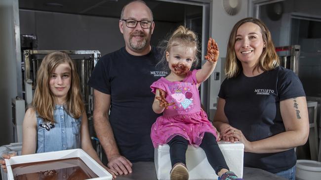 Toowoomba-based Metiisto Artisan Chocolate owners Trevor and Magdalena Smith with daughters Stevie, 10, and Jamie, 2