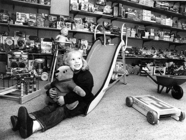 Bethany-Kate, 5, on a slippery slide with Winnie the Pooh at the Windmill toy shop in 1986.