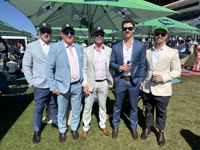 Jeff Smith, Phil Payne, Anthony McNamara, Jacob McNamara and Ethan Brouwer at the Melbourne Cup at Flemington Racecourse on November 5, 2024. Picture: Phillippa Butt