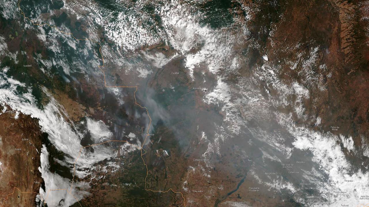 The smoke of several fires in the Brazilian states of Mato Grosso and Rondonia. Picture: NOAA