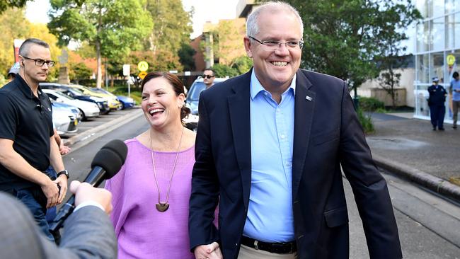 Prime Minister Scott Morrison and wife Jenny speak to the media on Sunday morning. Picture: AAP