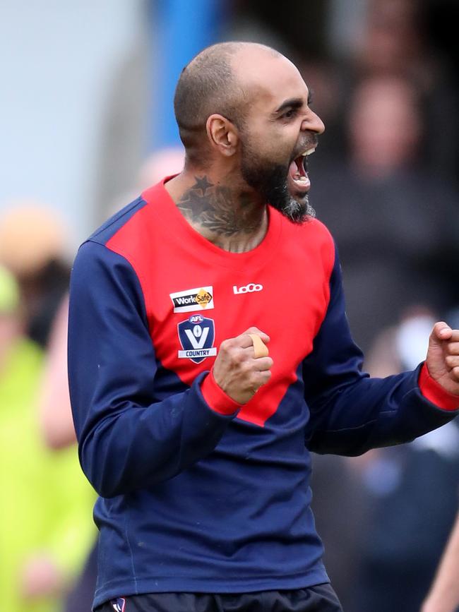 Swifts Creek’s Daniel Hayes celebrates one of his three goals in the grand final. Picture: Yuri Kouzmin