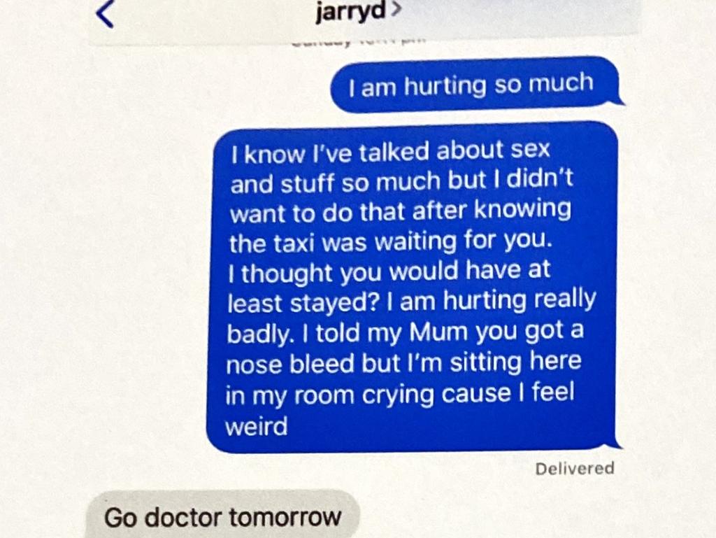 A text exchange between Jarryd Hayne and his victim after the assault at her Newcastle home. Picture: Supplied.