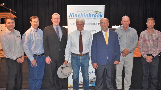 Hinchinbrook Chamber of Commerce committee members Kieran Volpe, Adam Douglas and Peter Reitano and Kennedy candidates Bob Katter, Peter Campion, Bryce MacDonald and Jason Brandon. Picture: Cameron Bates