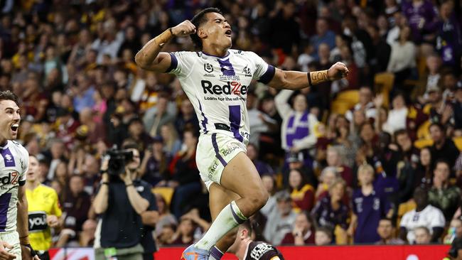 Melbourne and Samoa youngster Sua Faalogo scores on debut. Picture: NRL