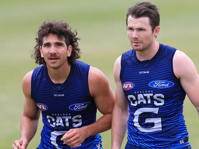 Nakia Cockatoo and Patrick Dangerfield.Cats Training at Deakin Uni. Picture: Peter Ristevski