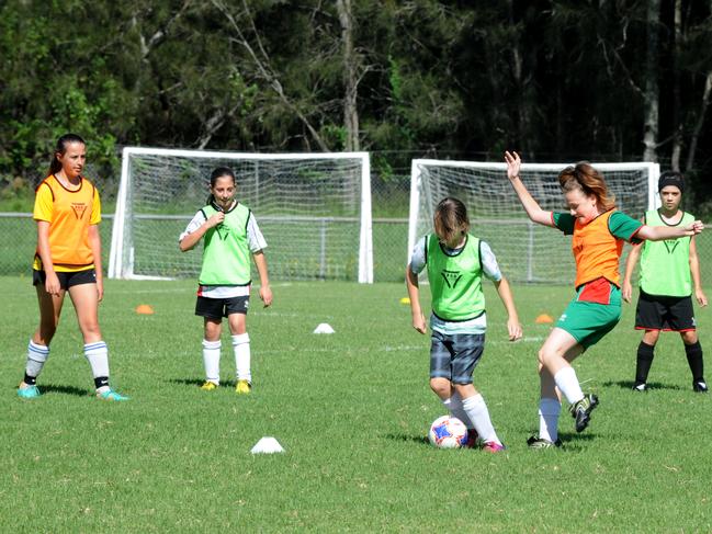 Southern Districts  Soccer Football Association is holding open day for girls at Kelso Park, Moorebank. Special guests include Sydney FC, W-League players Nicola Bolger, Danielle Brogan and Leena Khamis. [l-r].