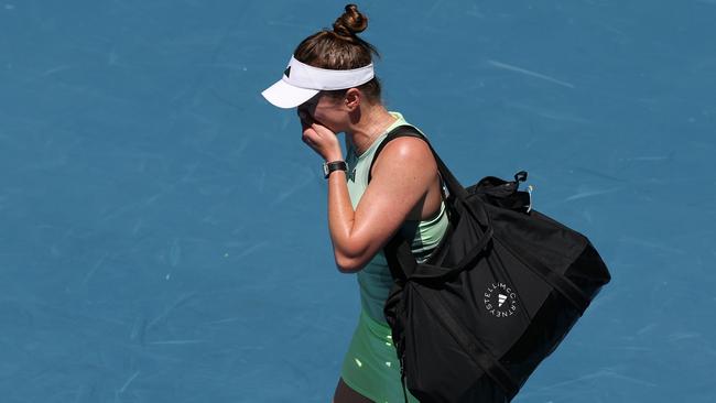 An emotional Elina Svitolina walks off court after retiring in the first set. Picture: Darrian Traynor/Getty Images