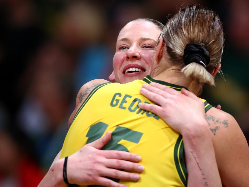 Lauren Jackson and Cayla George celebrate victory during the 2022 FIBA Women's Basketball World Cup. Picture: Kelly Defina/Getty Images