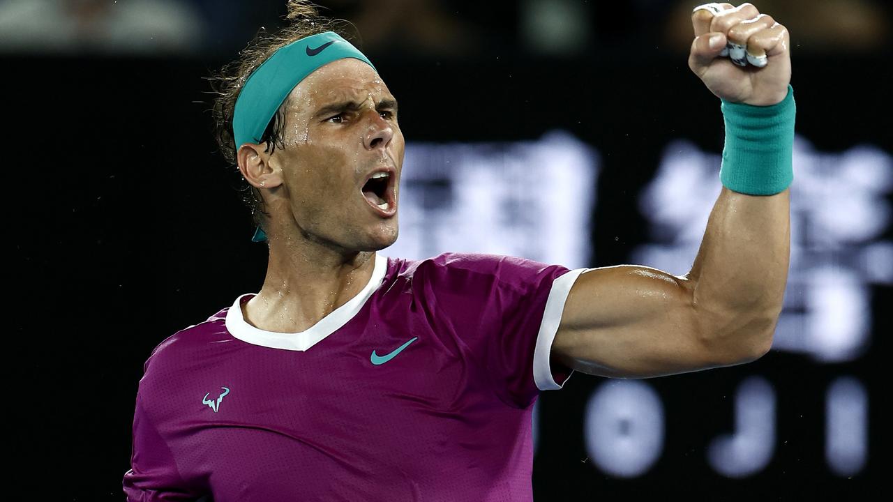 Rafael Nadal of Spain celebrates after winning a point on Sunday night. Getty.
