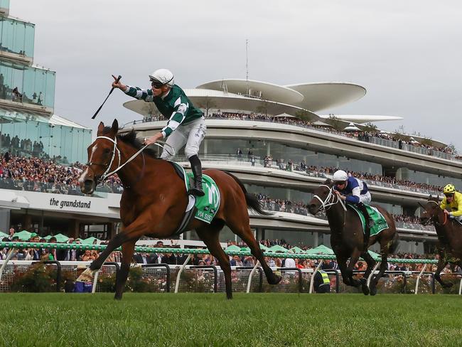 NCA. MELBOURNE. Champion Stakes Day at Flemington Racecourse on November 09, 2024 in Melbourne, Australia.   Race 8. The Champions Stakes.   James McDonald celebrates aboard Via Sistina on her way to easily winning the Champions Stakes   .  Picture: Michael Klein