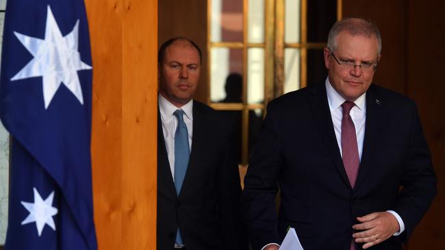 Treasurer Josh Frydenberg and Prime Minister Scott Morrison during a press conference at Parliament House on June 18, 2020 in Canberra, Australia. Picture: Sam Mooy