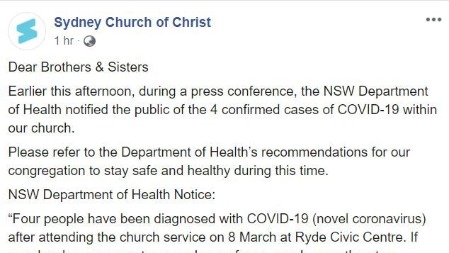 Church goers who attended a Sydney Church of Christ service at Ryde Civic Centre on March 8 have been asked to look out for coronavirus symptoms after four people who attended the service tested positive to COVID-19.