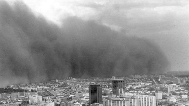 A severe drought caused the massive dust storm that blanketed the CBD on February 8, 1983. Picture: HWT archive.