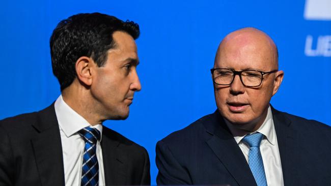 BRISBANE, AUSTRALIA - NewsWire Photos - JULY 6, 2024.Federal Opposition Leader Peter Dutton (right) and Queensland Opposition Leader David Crisafulli during the LNP Convention in Brisbane. Picture: Dan Peled / NewsWire