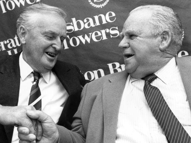 Former premier Sir Joh Bjelke-Petersen (left) with ‘minister for everything’ Russ Hinze