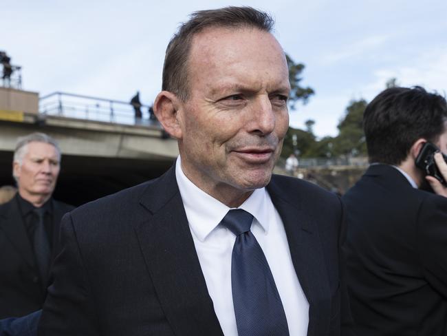 Tony Abbott, pictured at Bob Hawke’s memorial service earlier this month, sent a letter to the meeting. Picture: Brook Mitchell