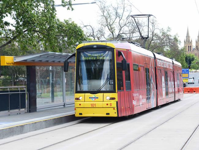 First trams at the new Festival Plaza stop, Saturday, October 13, 2018. (AAP Image/ Brenton Edwards)